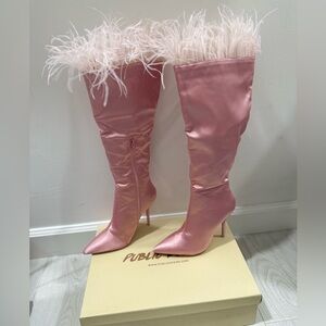 Baddie Baby Pink Satin Feather Pointed Toe Stiletto Knee High Boots